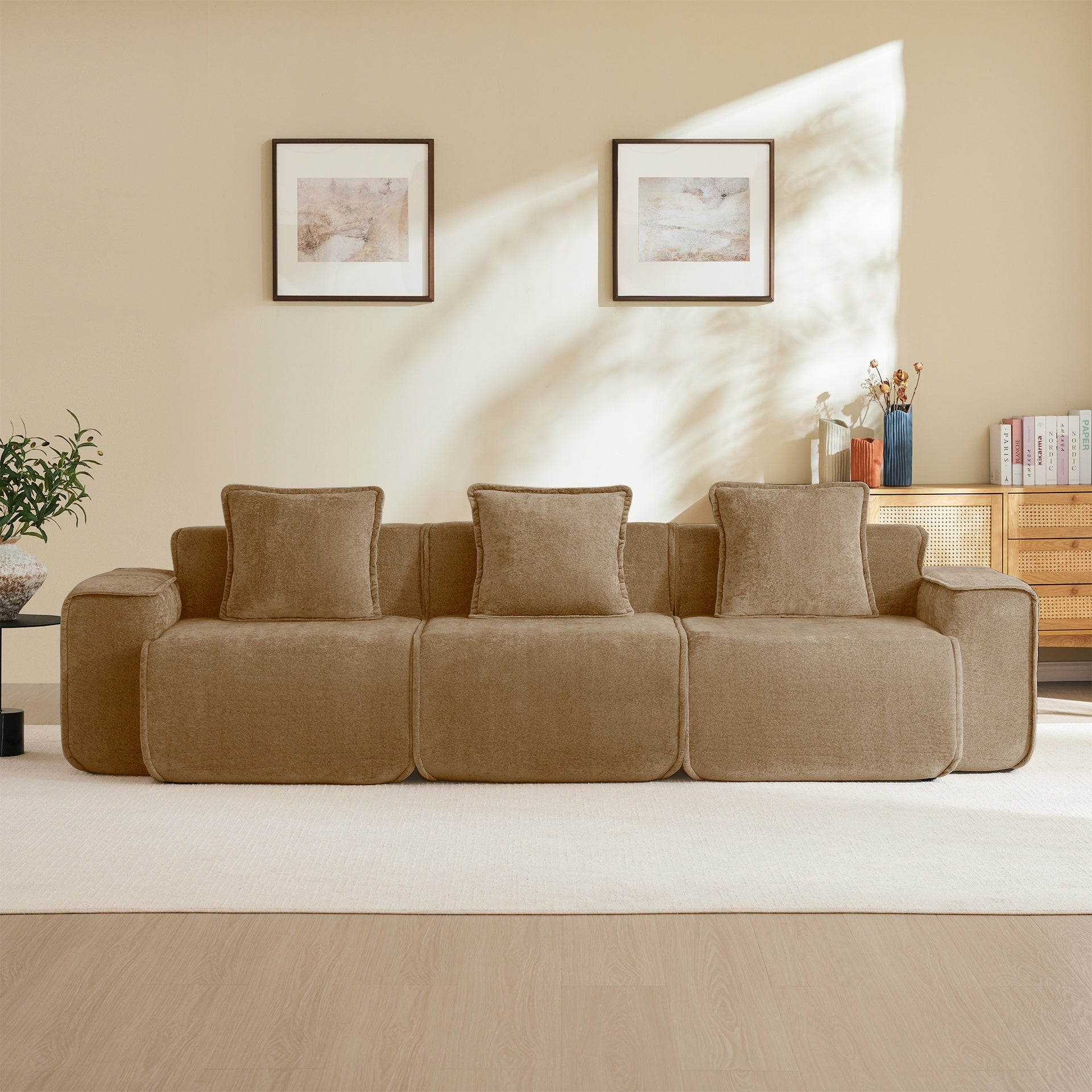 Streamlined Design Deep Seat Modular 3 Seat Boneless Sofa with French Edge Piping,No Assembly Required, Modern Modular 3-Seat Sofa Couch with Throw Pillows,Velvet Fabric Brown