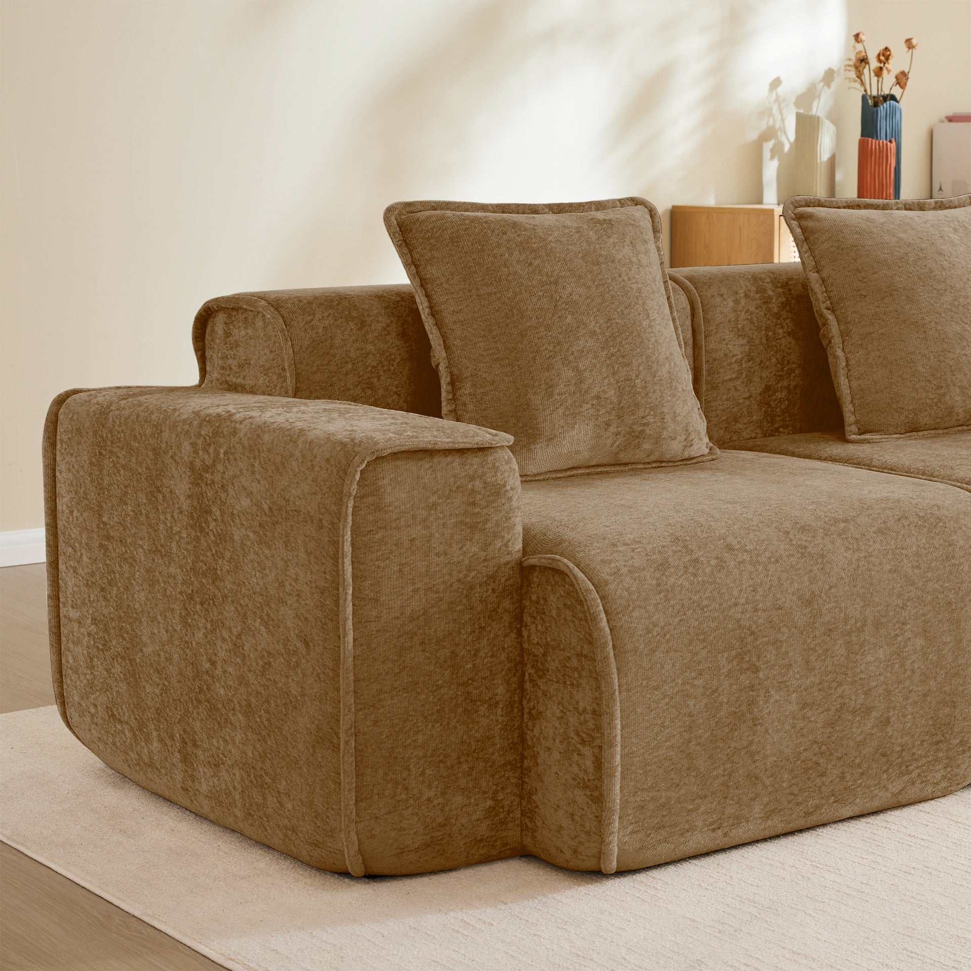 Streamlined Design Deep Seat Modular 3 Seat Boneless Sofa with French Edge Piping,No Assembly Required, Modern Modular 3-Seat Sofa Couch with Throw Pillows,Velvet Fabric Brown