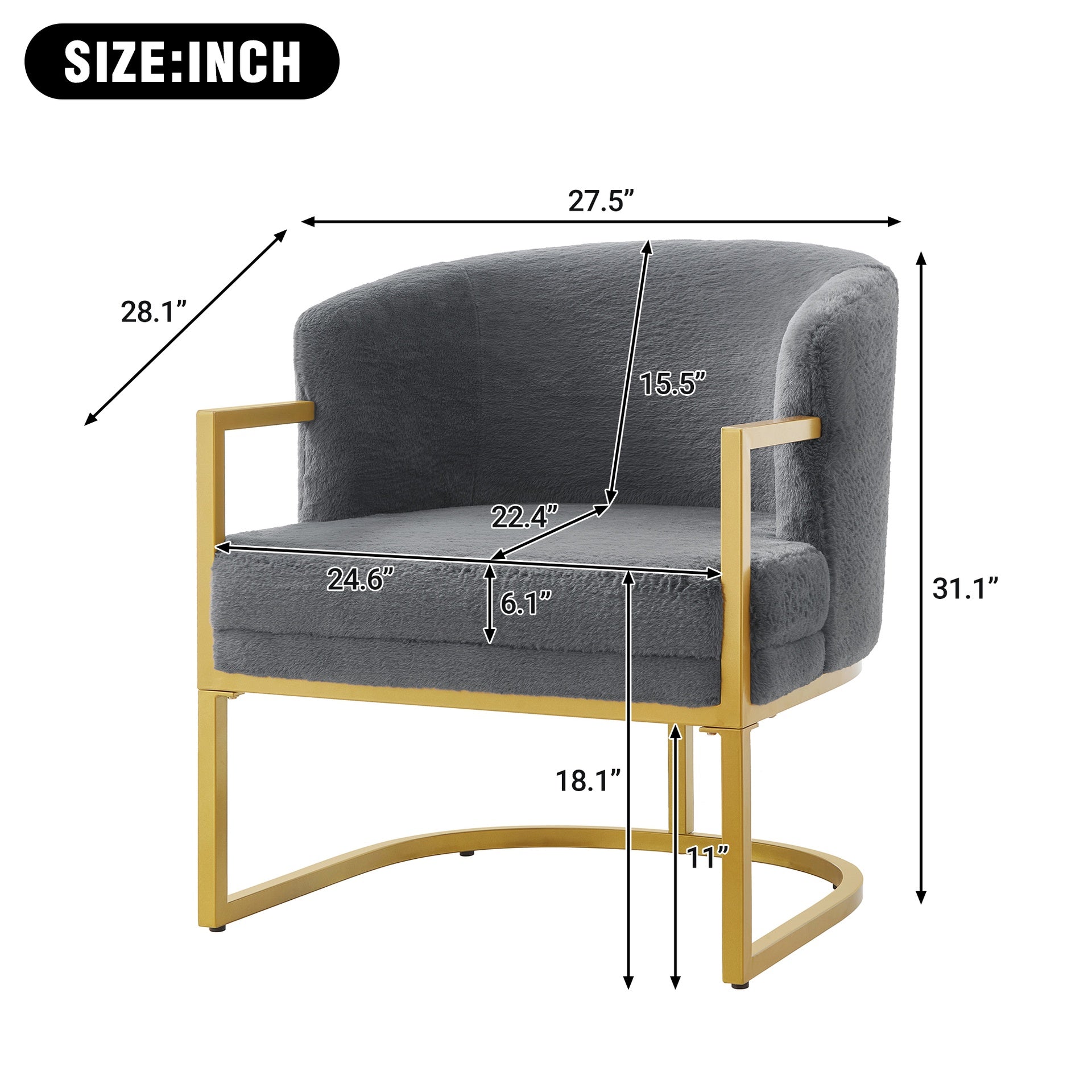 Modern Accent Chair Cozy Armchair Upholstered Reading Chair with Gold Metal Frame Living Room, Bedroom, or Office, Grey