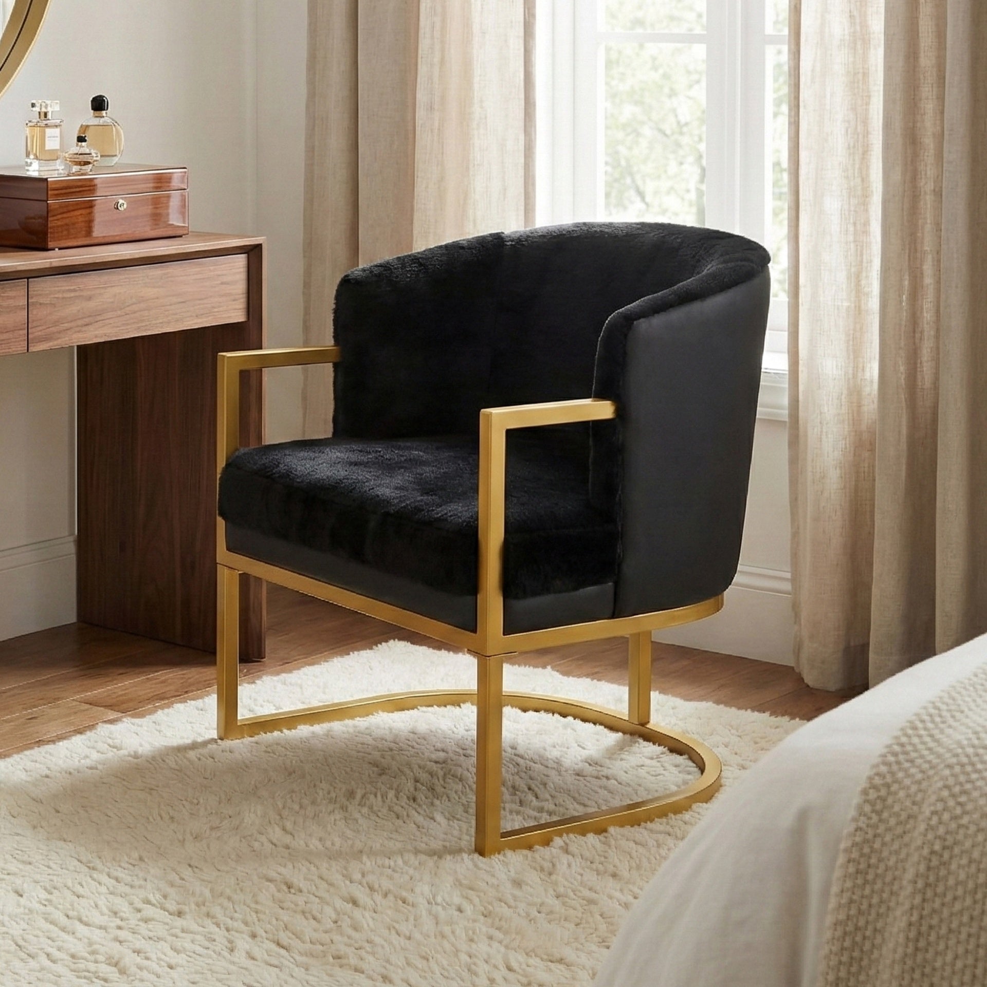 Modern Accent Chair Cozy Armchair Upholstered Reading Chair with Gold Metal Frame Living Room, Bedroom, or Office, Black