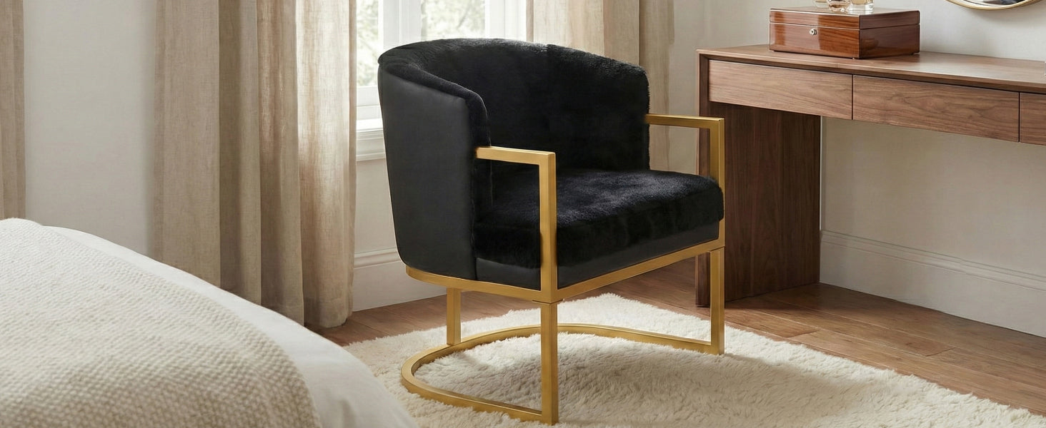 Modern Accent Chair Cozy Armchair Upholstered Reading Chair with Gold Metal Frame Living Room, Bedroom, or Office, Black