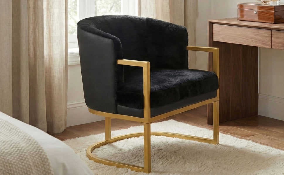 Modern Accent Chair Cozy Armchair Upholstered Reading Chair with Gold Metal Frame Living Room, Bedroom, or Office, Black