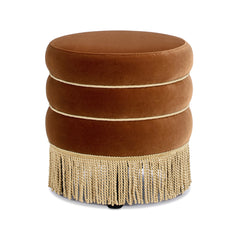 Edward 17.5" Round Upholstered Ottoman with Bullion Fringe Burnt Orange Performance Velvet
