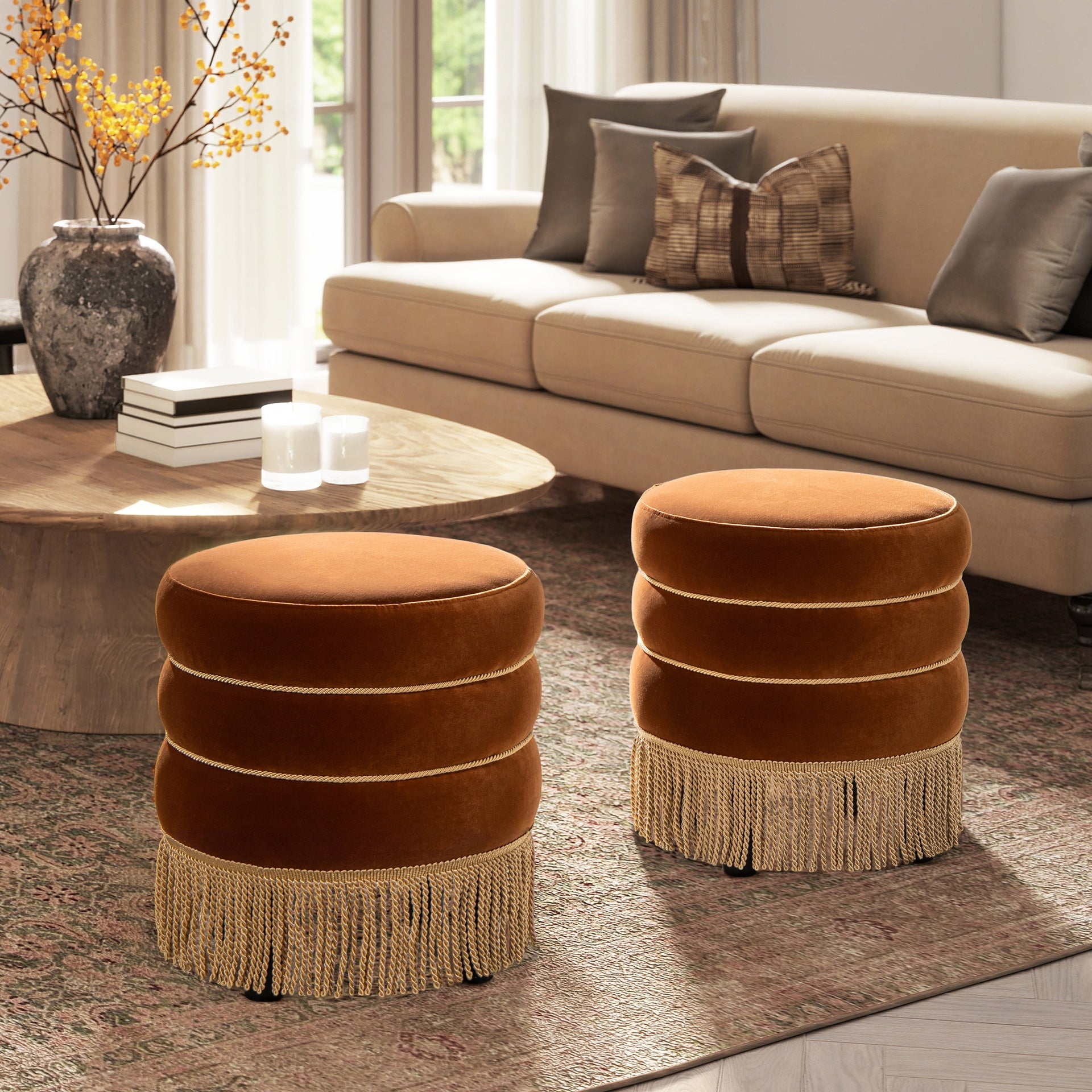 Edward 17.5" Round Upholstered Ottoman with Bullion Fringe Burnt Orange Performance Velvet