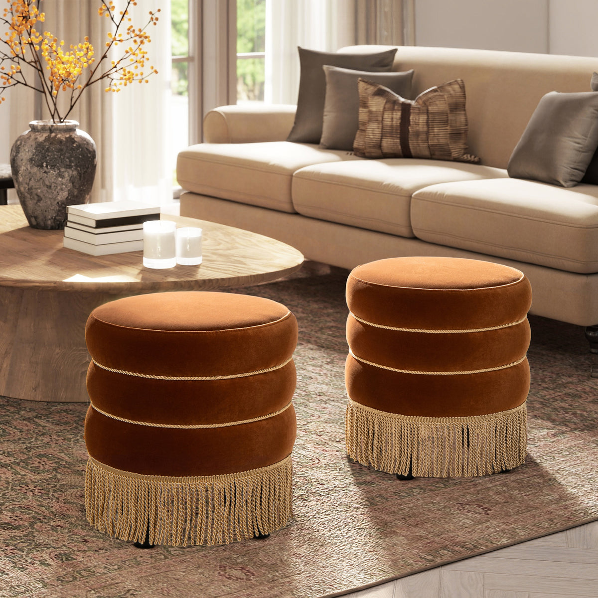 Edward 17.5" Round Upholstered Ottoman with Bullion Fringe Burnt Orange Performance Velvet