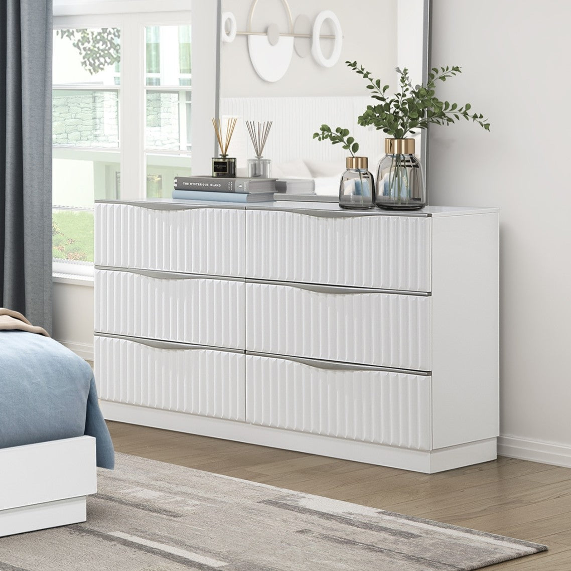 Luxurious Pearl White Finish Dresser of Six Drawers Textured Panel Sleek Handles Glam Bedroom Furniture 1pc Storage Cabinet