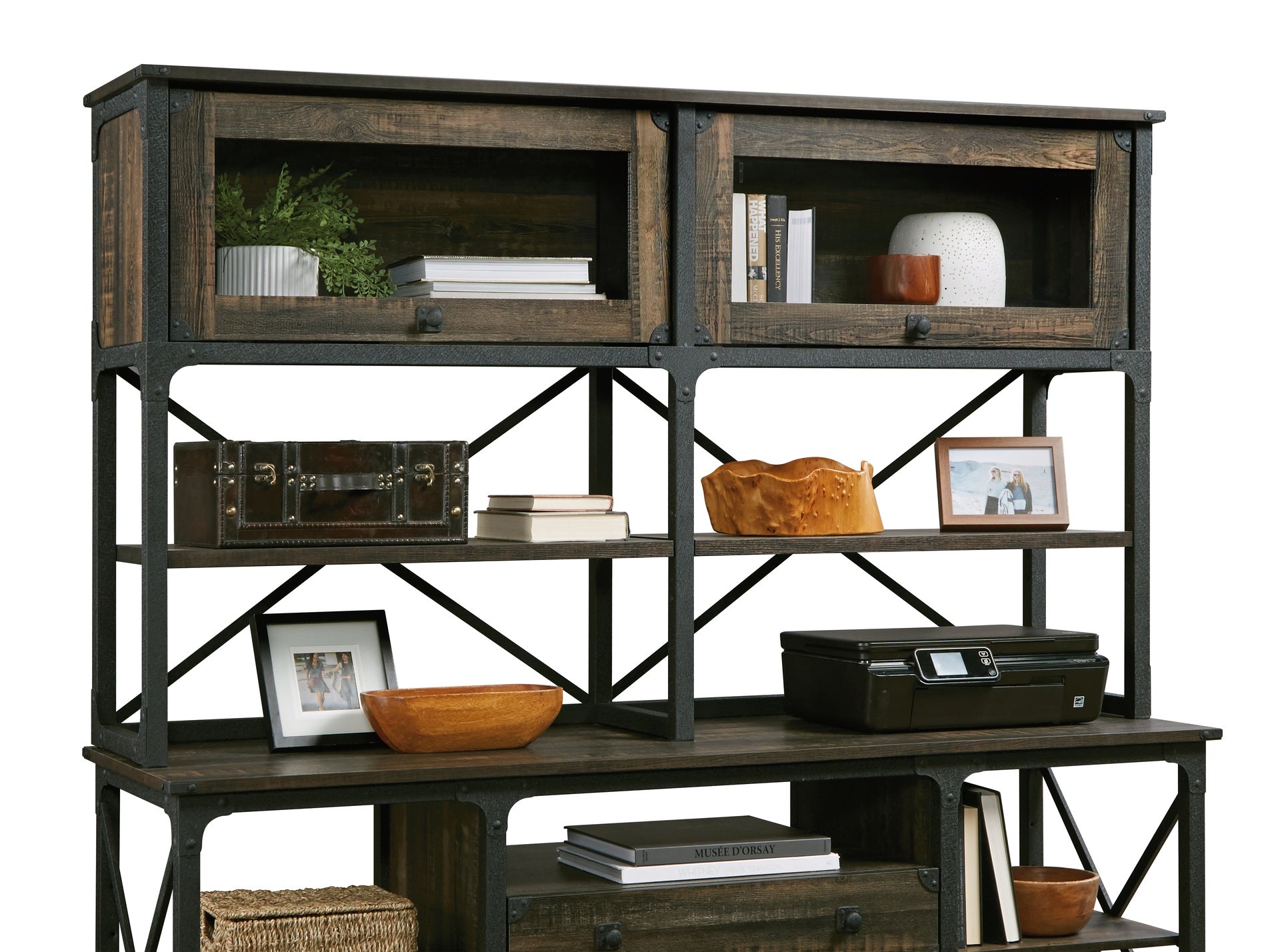 Hutch with Glass Doors and Adjustable Shelves, Brown finish