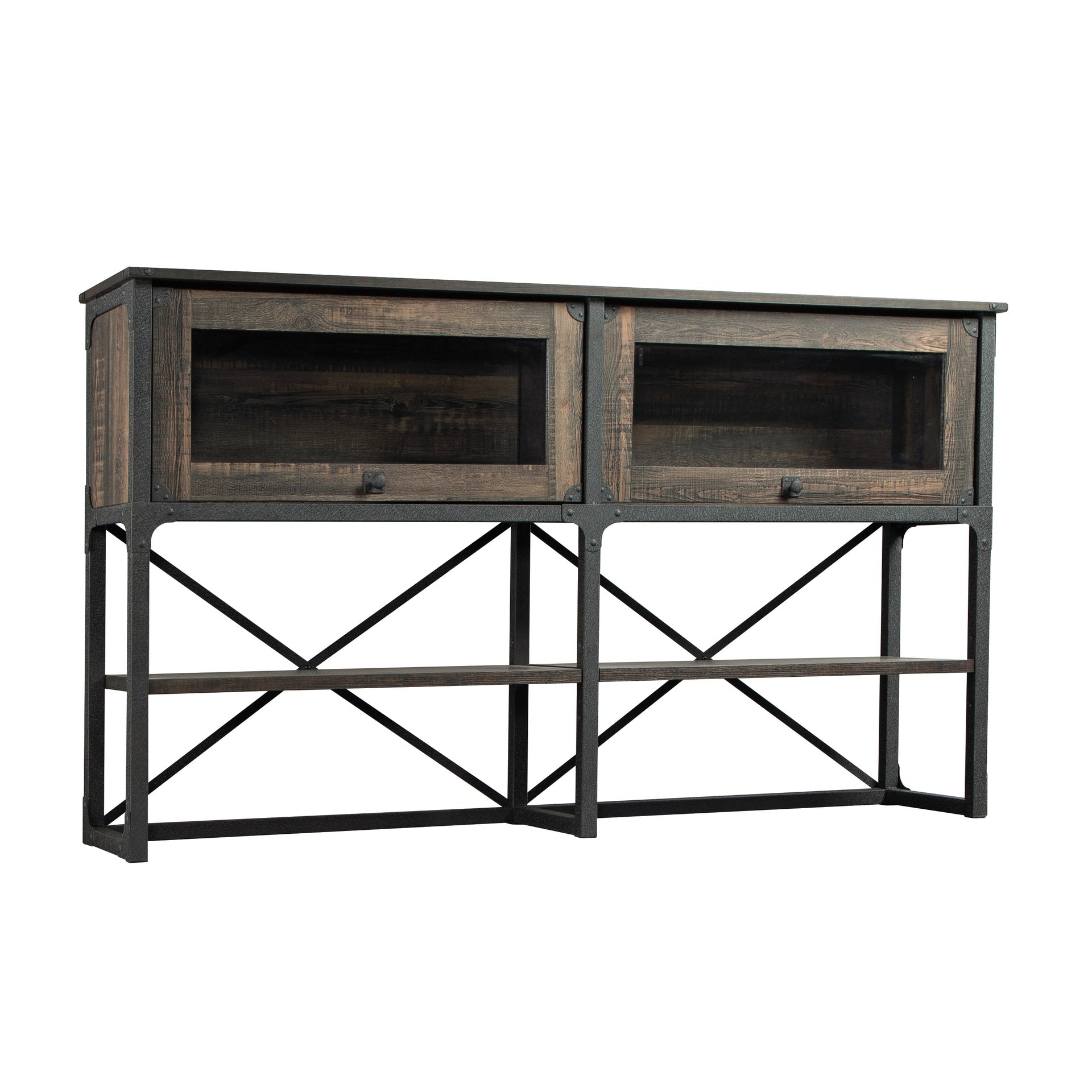 Hutch with Glass Doors and Adjustable Shelves, Brown finish
