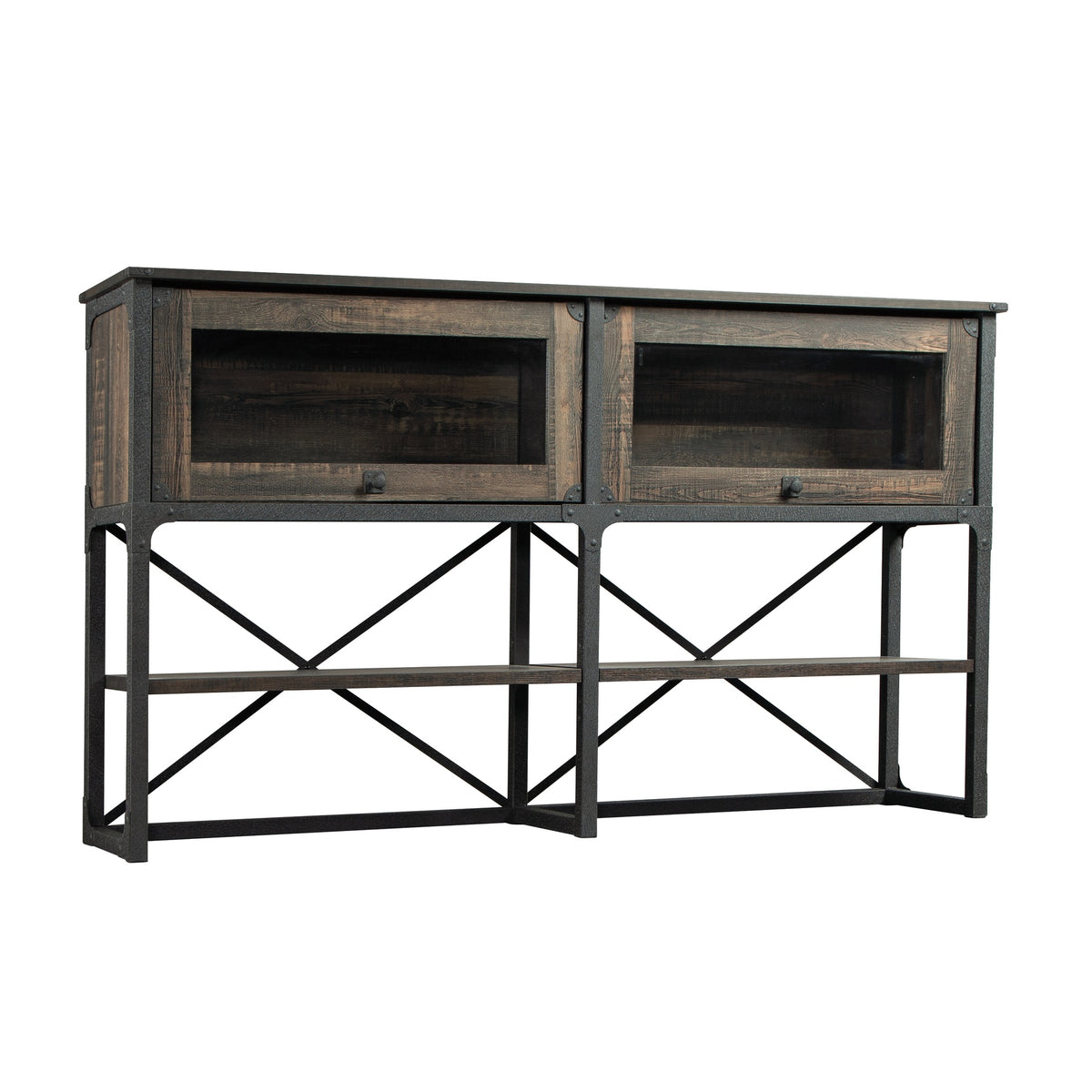 Hutch with Glass Doors and Adjustable Shelves, Brown finish