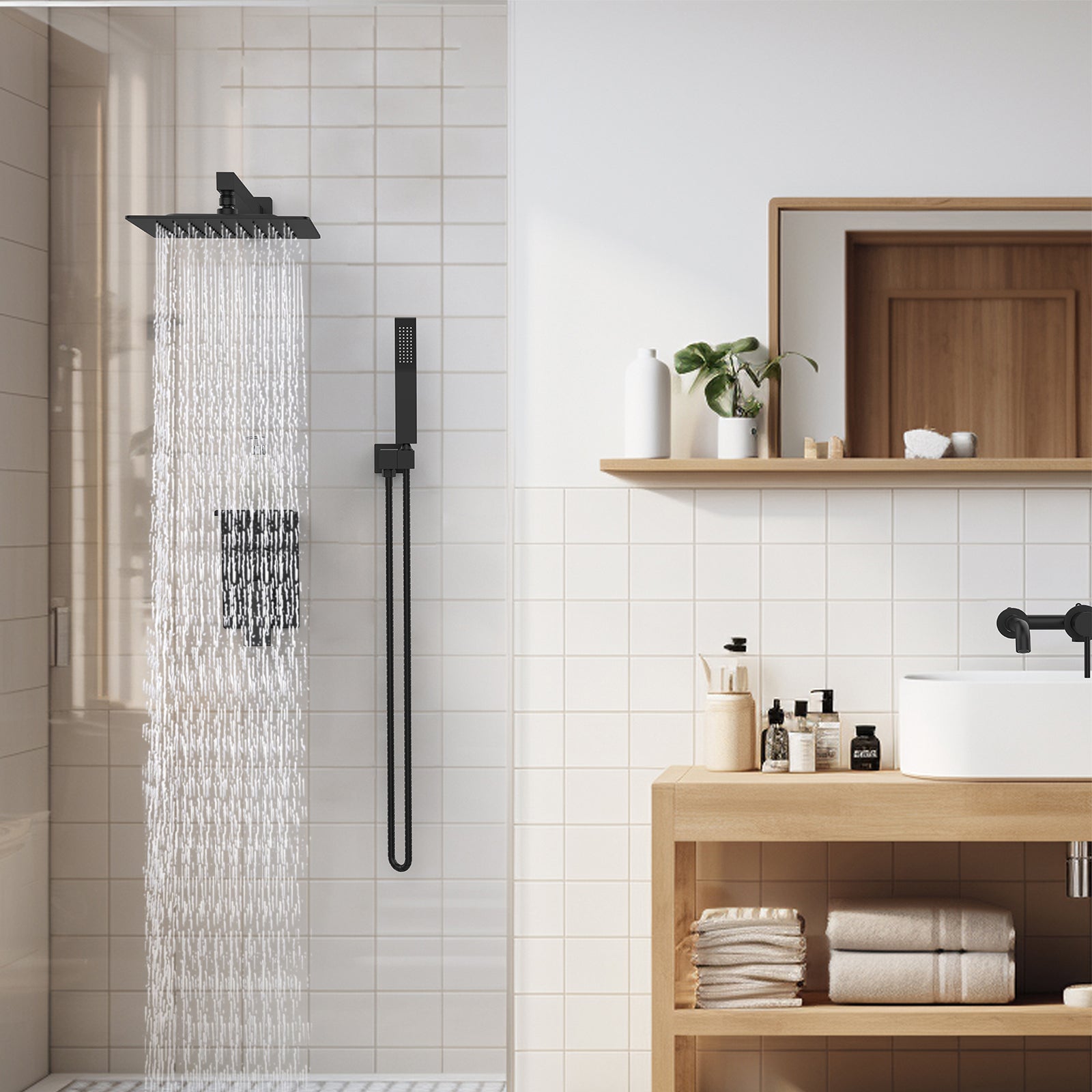 Rainfall Shower System With Storage Rack 10 inch Shower Faucet Set Matte Black with High Pressure with Square Shower Head Luxury Shower Set Wall Mount
