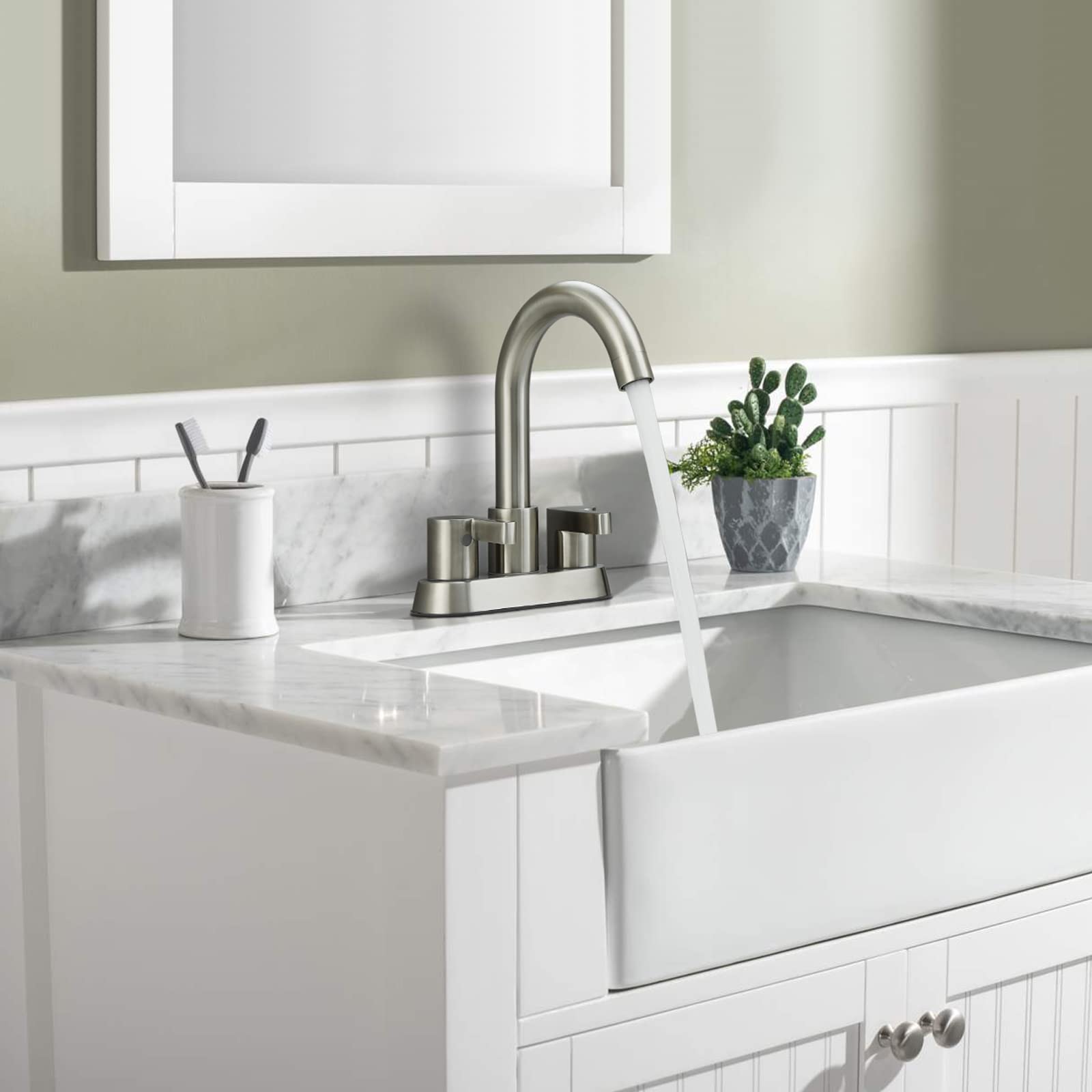 Bathroom Faucet 2 Handle Centerset Bathroom Sink Faucet with Pop Up Drain Assembly, 4 Inches Bathroom Vanity Lavatory Faucet 3 Holes Brushed Nickel