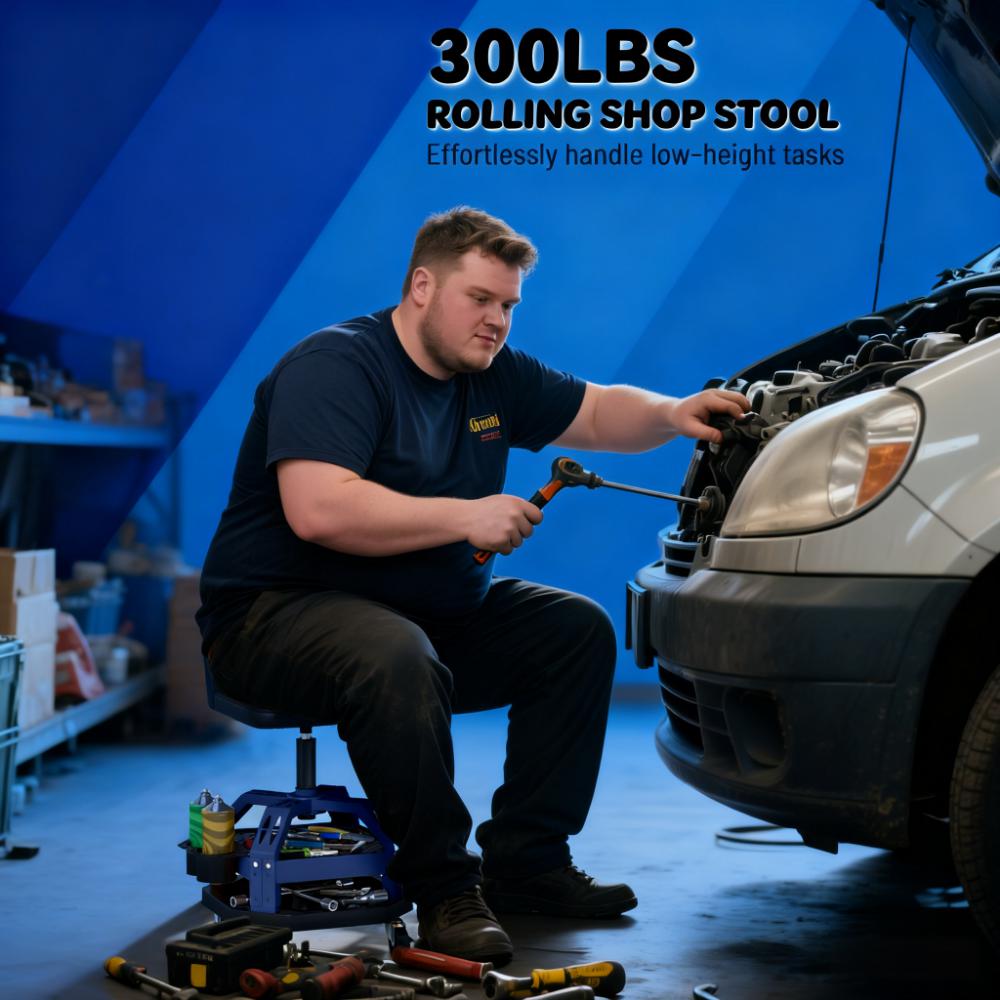 Adjustable Height Rolling Creeper Garage Stool,Tool Tray,Capacity Mechanic Stool