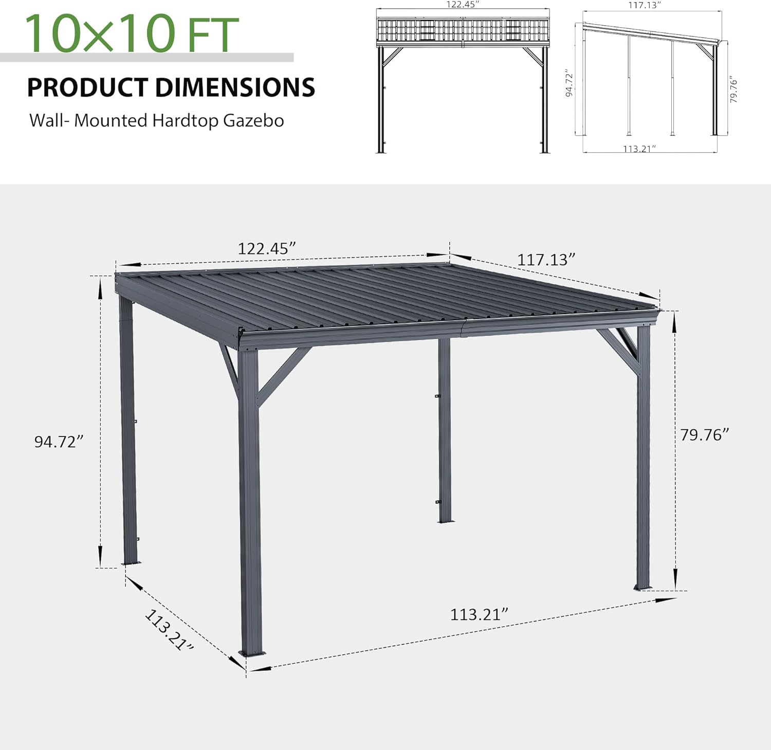 10' x 10' Lean to Gazebo, Wall Mounted Gazebos Pergola with Built in Drainage System, Galvanized Steel Roof, Hardtop Patio Shelter for Deck, Porch, Backyard and More