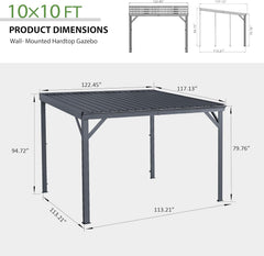 10' x 10' Lean to Gazebo, Wall Mounted Gazebos Pergola with Built in Drainage System, Galvanized Steel Roof, Hardtop Patio Shelter for Deck, Porch, Backyard and More