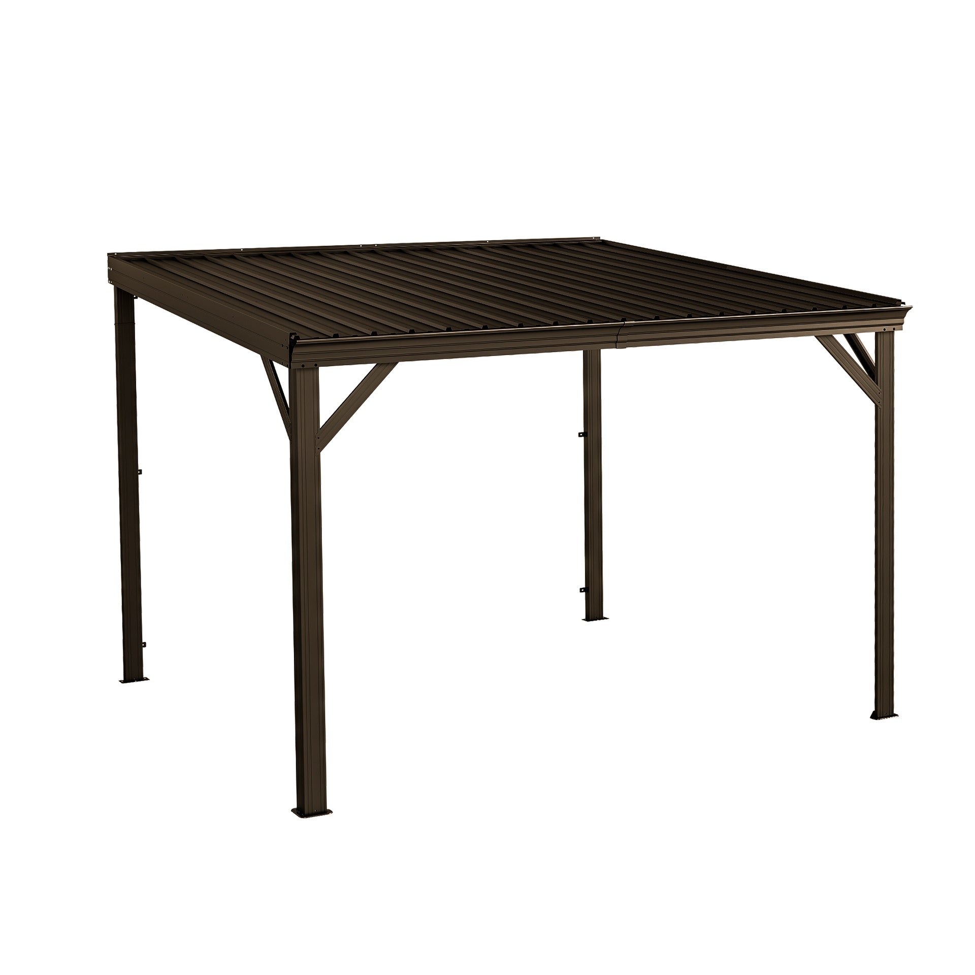 10x10FT Lean to Gazebo, Outdoor Hardtop Wall Mounted Gazebo with Sloping Galvanized Steel Roof, Upgraded Heavy Duty Mounted Shelter with Drainage System for Deck, Porch, Backyard, Brown
