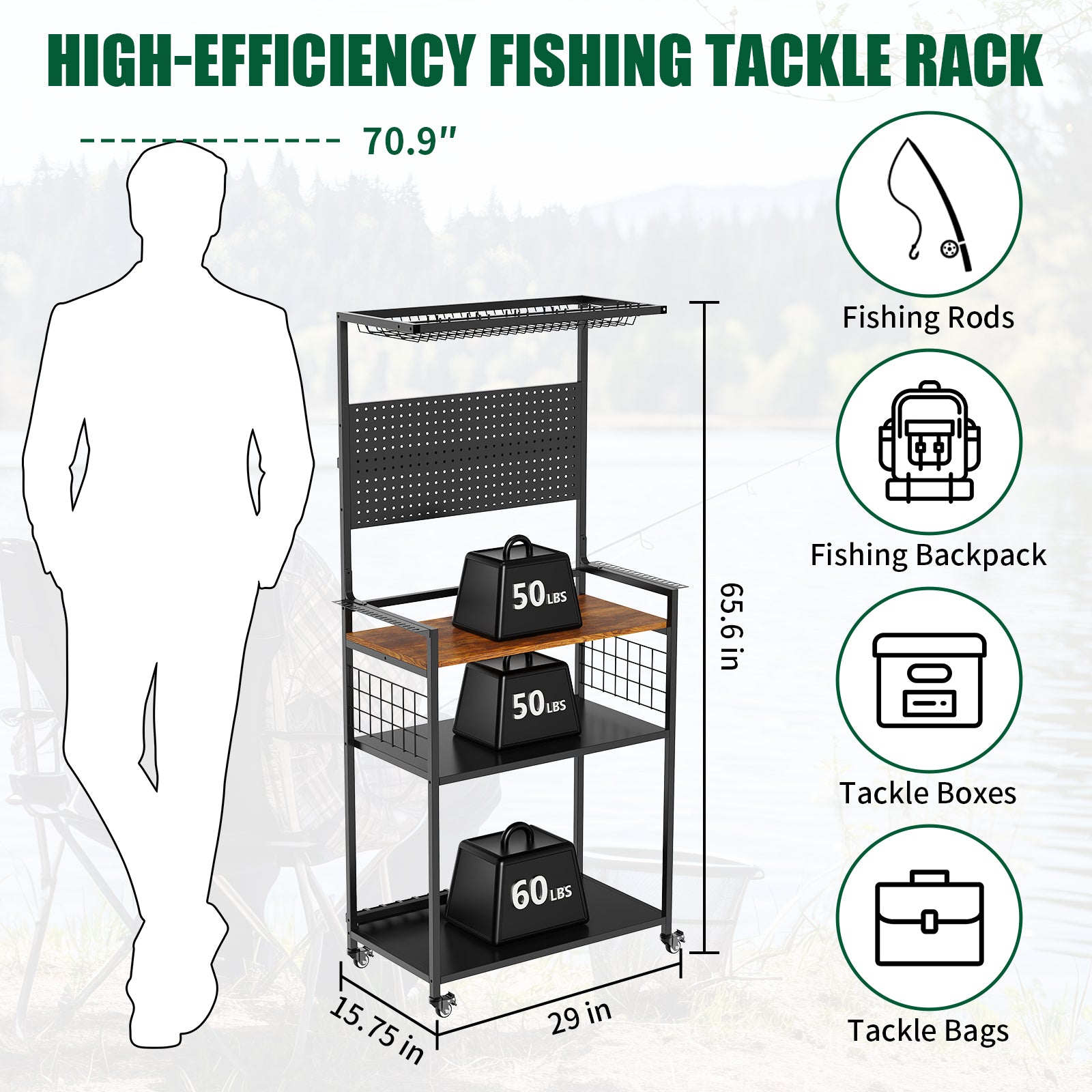 Fishing Rod Storage Rack with Pegboard, Rolling Tackle Organizer Cart, Multi-Tier Fishing Gear Stand for Rods, Reels, Tackle Boxes & Bags, Heavy Duty Metal Holders with Lockable Wheels