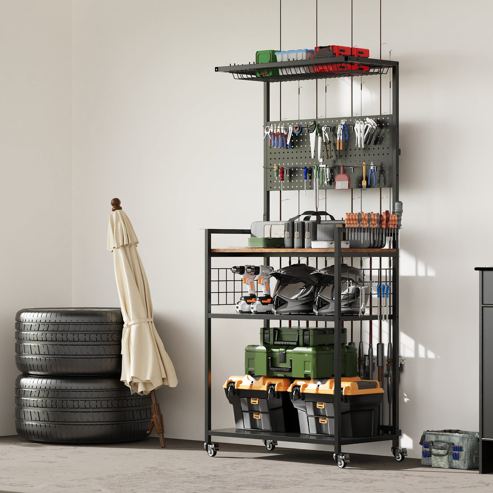 Fishing Rod Storage Rack with Pegboard, Rolling Tackle Organizer Cart, Multi-Tier Fishing Gear Stand for Rods, Reels, Tackle Boxes & Bags, Heavy Duty Metal Holders with Lockable Wheels