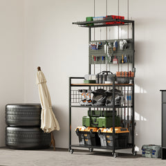 Fishing Rod Storage Rack with Pegboard, Rolling Tackle Organizer Cart, Multi-Tier Fishing Gear Stand for Rods, Reels, Tackle Boxes & Bags, Heavy Duty Metal Holders with Lockable Wheels