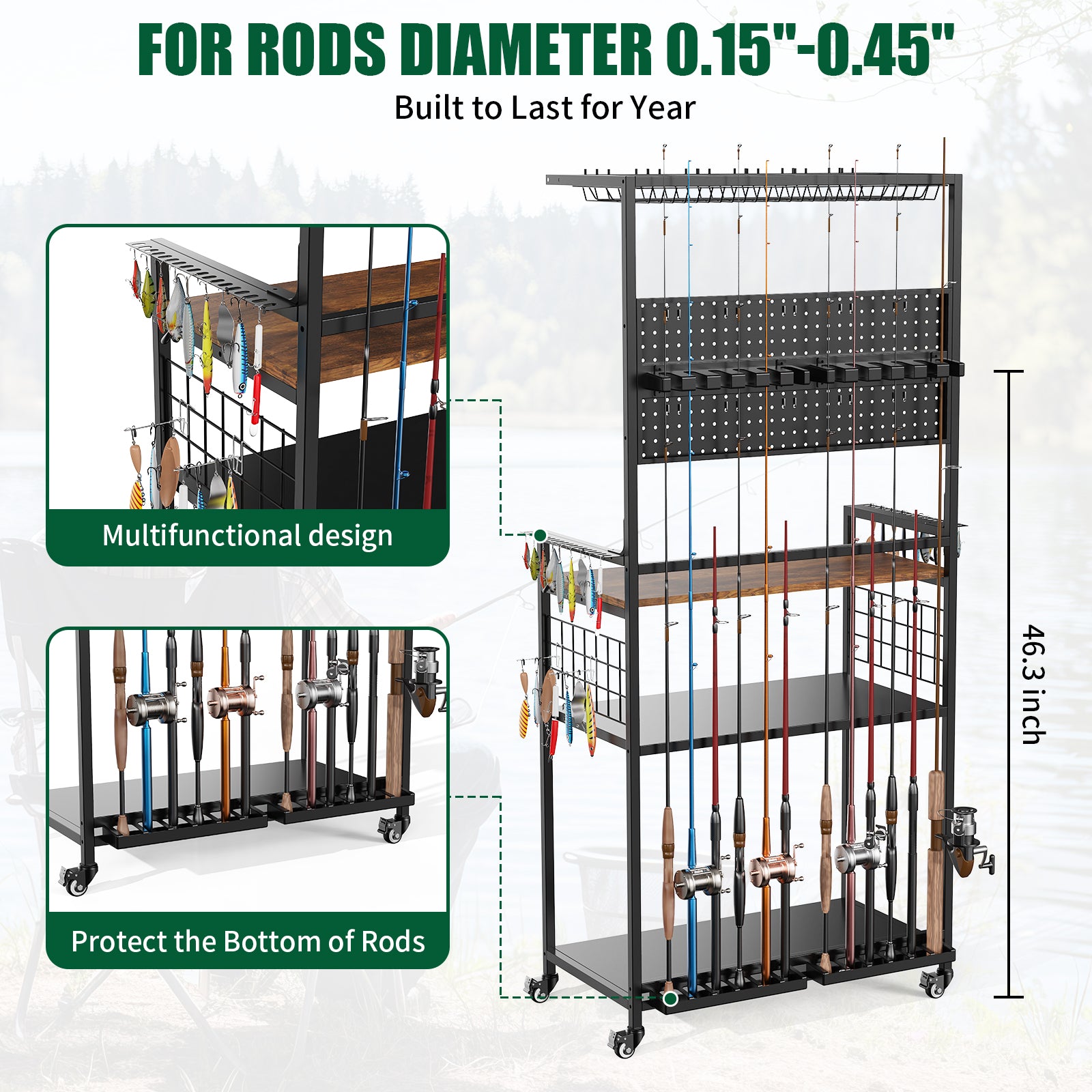 Fishing Rod Storage Rack with Pegboard, Rolling Tackle Organizer Cart, Multi-Tier Fishing Gear Stand for Rods, Reels, Tackle Boxes & Bags, Heavy Duty Metal Holders with Lockable Wheels