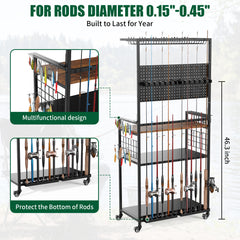 Fishing Rod Storage Rack with Pegboard, Rolling Tackle Organizer Cart, Multi-Tier Fishing Gear Stand for Rods, Reels, Tackle Boxes & Bags, Heavy Duty Metal Holders with Lockable Wheels