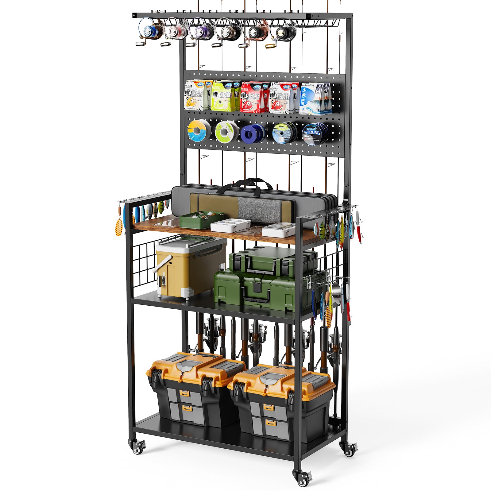 Fishing Rod Storage Rack with Pegboard, Rolling Tackle Organizer Cart, Multi-Tier Fishing Gear Stand for Rods, Reels, Tackle Boxes & Bags, Heavy Duty Metal Holders with Lockable Wheels
