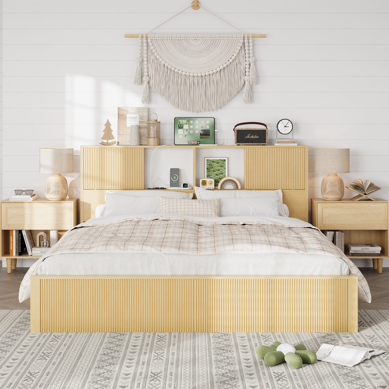 King Size Bed Frames with 4 Storage Drawers & 2-Tier Storage Headboards & Built-in USB Ports & Power Outlets, Metal Bed Frames Nox Box Spring Needed, Oak