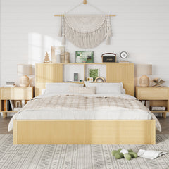 King Size Bed Frames with 4 Storage Drawers & 2-Tier Storage Headboards & Built-in USB Ports & Power Outlets, Metal Bed Frames Nox Box Spring Needed, Oak