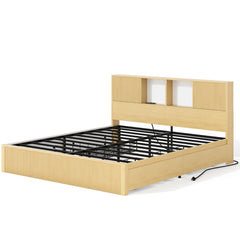 King Size Bed Frames with 4 Storage Drawers & 2-Tier Storage Headboards & Built-in USB Ports & Power Outlets, Metal Bed Frames Nox Box Spring Needed, Oak
