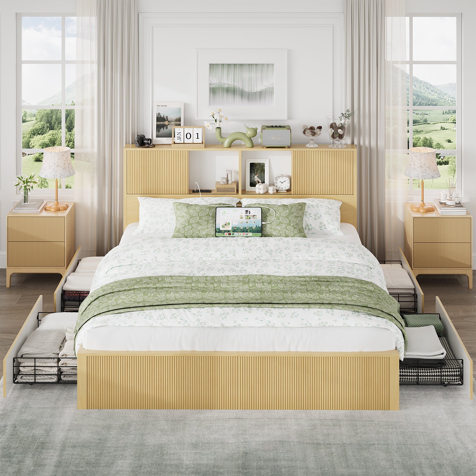 King Size Bed Frames with 4 Storage Drawers & 2-Tier Storage Headboards & Built-in USB Ports & Power Outlets, Metal Bed Frames Nox Box Spring Needed, Oak