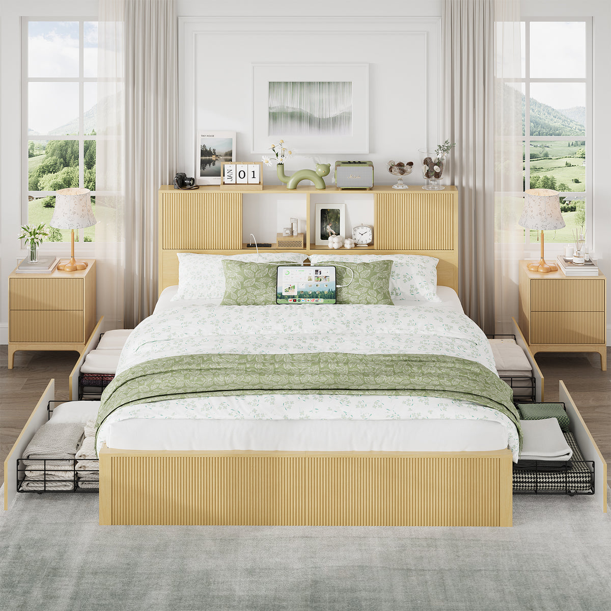 King Size Bed Frames with 4 Storage Drawers & 2-Tier Storage Headboards & Built-in USB Ports & Power Outlets, Metal Bed Frames Nox Box Spring Needed, Oak
