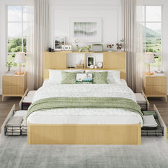 King Size Bed Frames with 4 Storage Drawers & 2-Tier Storage Headboards & Built-in USB Ports & Power Outlets, Metal Bed Frames Nox Box Spring Needed, Oak