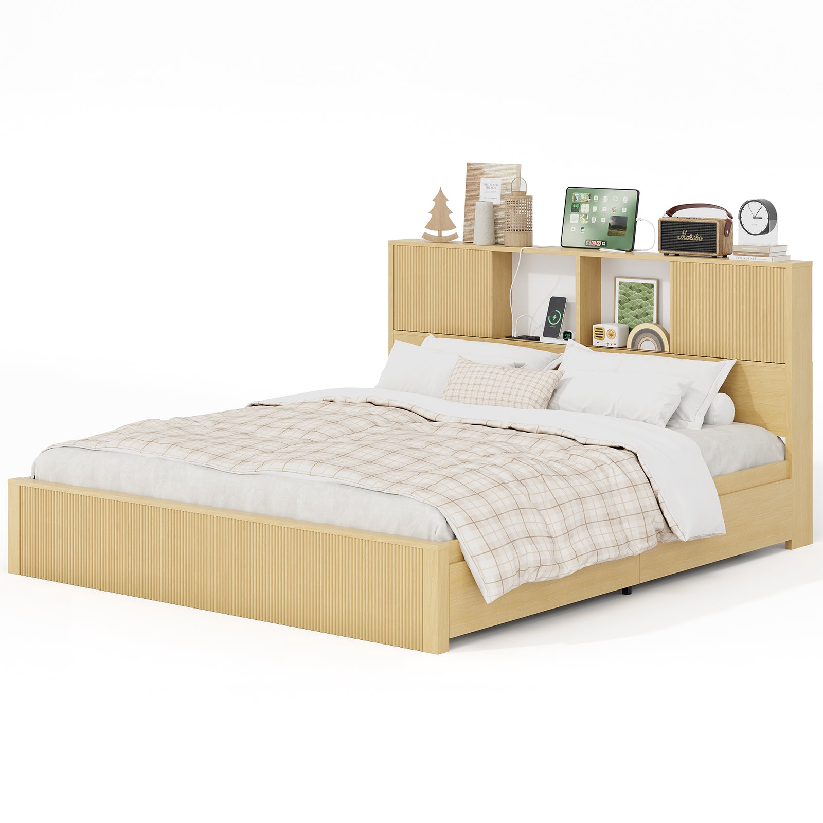 King Size Bed Frames with 4 Storage Drawers & 2-Tier Storage Headboards & Built-in USB Ports & Power Outlets, Metal Bed Frames Nox Box Spring Needed, Oak