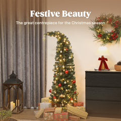 5 ft Prelit Bent Top Christmas Tree, Whimsical Xmas Tree Slim High Mountain Fir with 100 LEDs and Metal Stand
