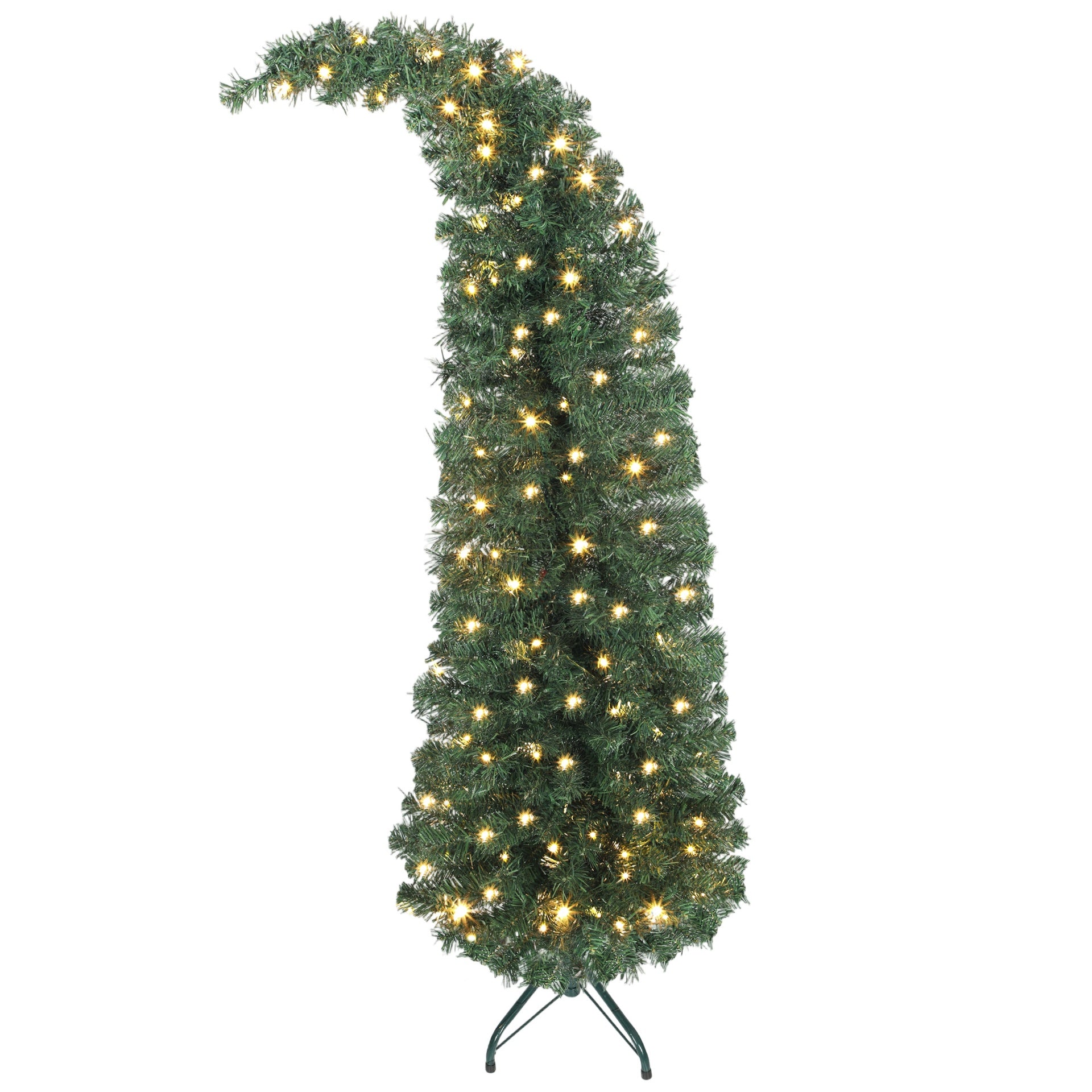 5 ft Prelit Bent Top Christmas Tree, Whimsical Xmas Tree Slim High Mountain Fir with 100 LEDs and Metal Stand