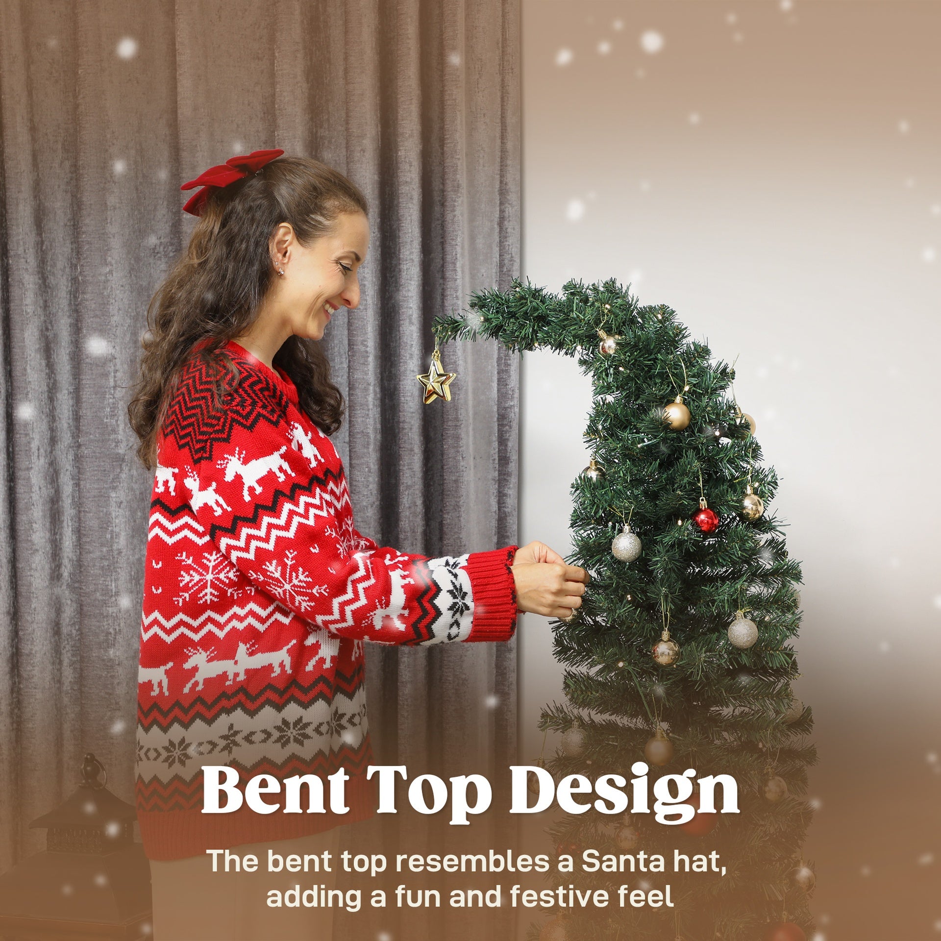 5 ft Prelit Bent Top Christmas Tree, Whimsical Xmas Tree Slim High Mountain Fir with 100 LEDs and Metal Stand