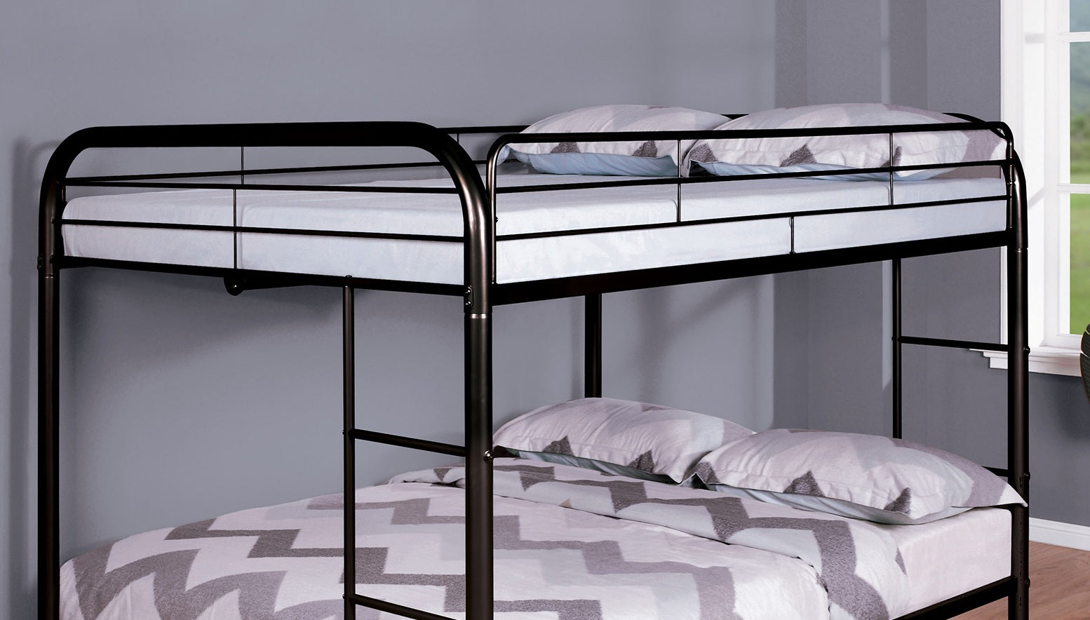 Full Over Full Metal Bunk Bed Contemporary Style With Angled Ladder, Black