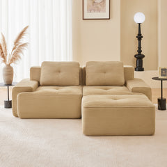 82" Modern L-Shaped Modular Sectional Sofa for Living Room, Corduroy Fabric, 2-Seater Couch with Deep Seat and Movable Ottoman, Pearl-like piping, Tufted Design, No Assembly, Anti-slip Design, Camel