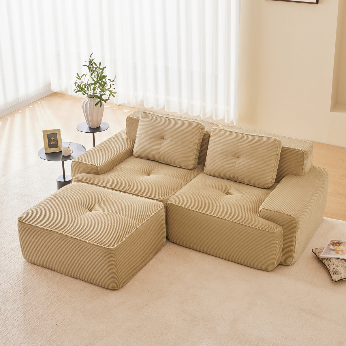82" Modern L-Shaped Modular Sectional Sofa for Living Room, Corduroy Fabric, 2-Seater Couch with Deep Seat and Movable Ottoman, Pearl-like piping, Tufted Design, No Assembly, Anti-slip Design, Camel