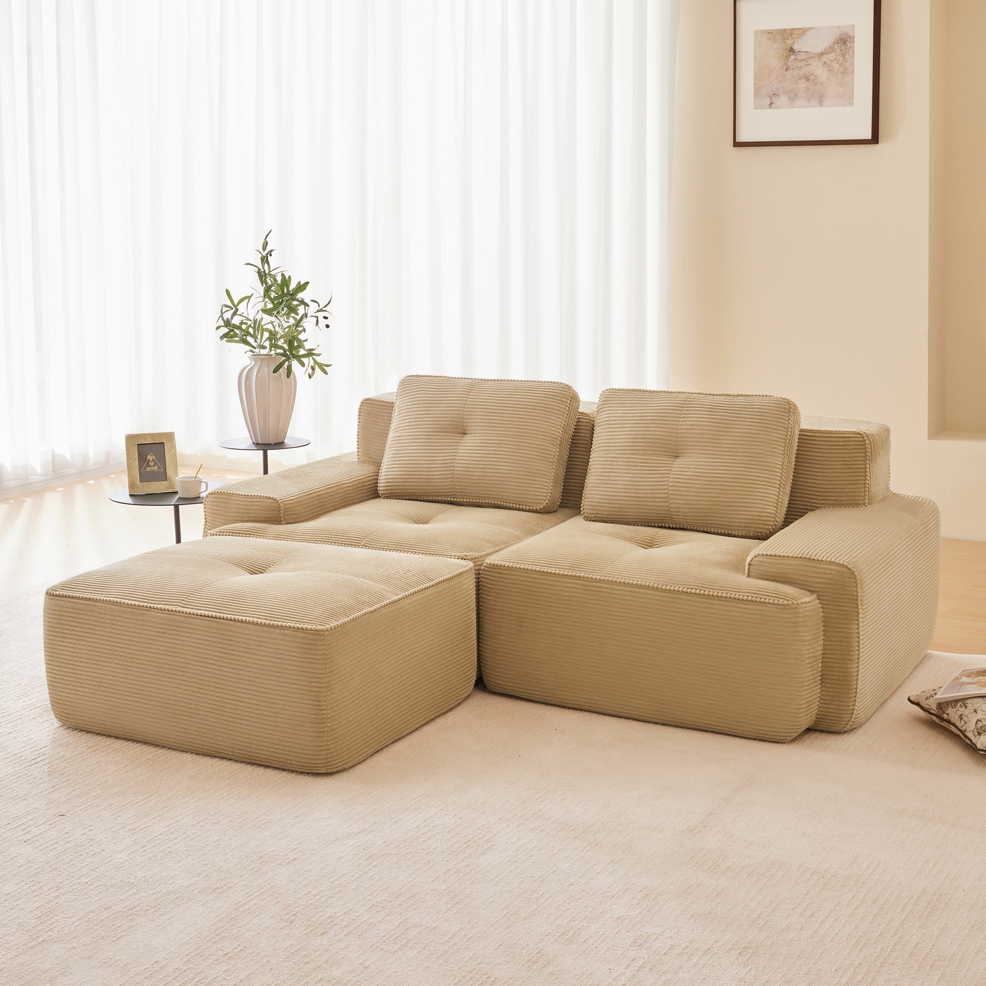 82" Modern L-Shaped Modular Sectional Sofa for Living Room, Corduroy Fabric, 2-Seater Couch with Deep Seat and Movable Ottoman, Pearl-like piping, Tufted Design, No Assembly, Anti-slip Design, Camel