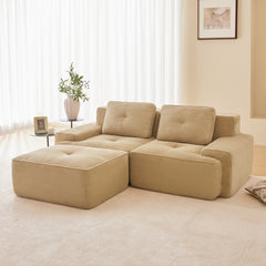 82" Modern L-Shaped Modular Sectional Sofa for Living Room, Corduroy Fabric, 2-Seater Couch with Deep Seat and Movable Ottoman, Pearl-like piping, Tufted Design, No Assembly, Anti-slip Design, Camel