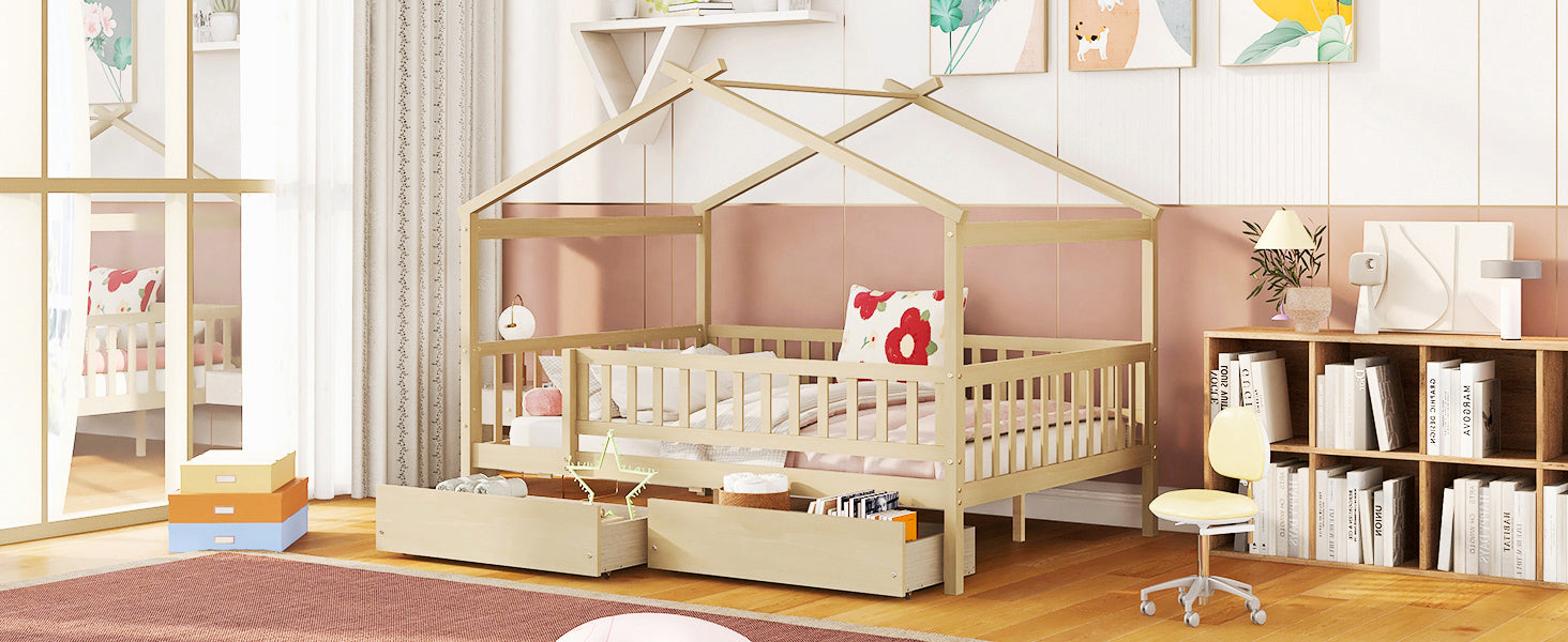 Full Size Wooden House Bed with Two Drawers, Natural