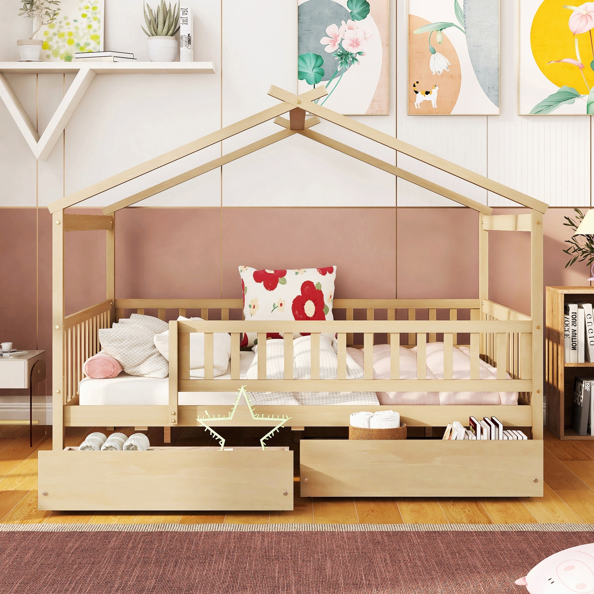 Full Size Wooden House Bed with Two Drawers, Natural