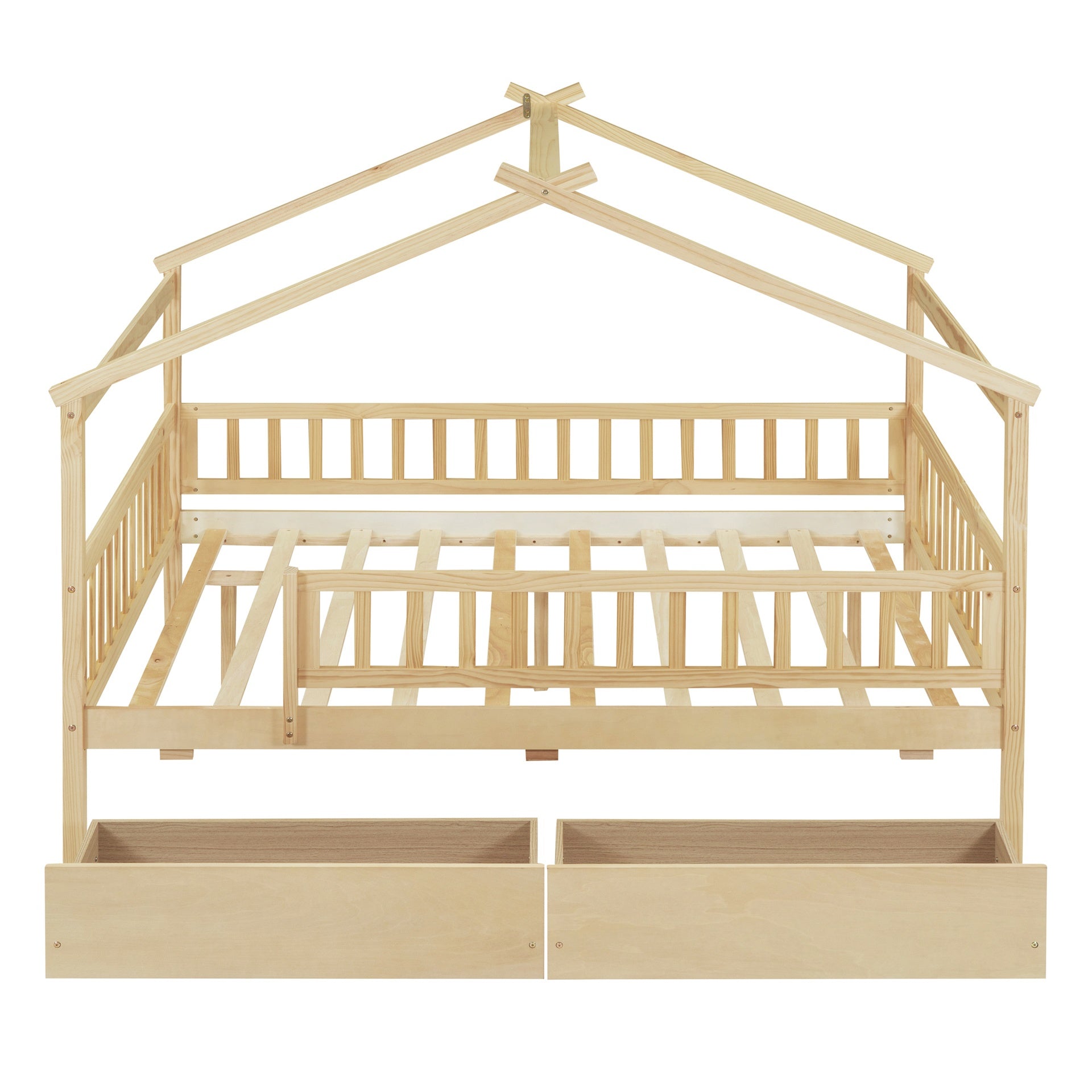 Full Size Wooden House Bed with Two Drawers, Natural