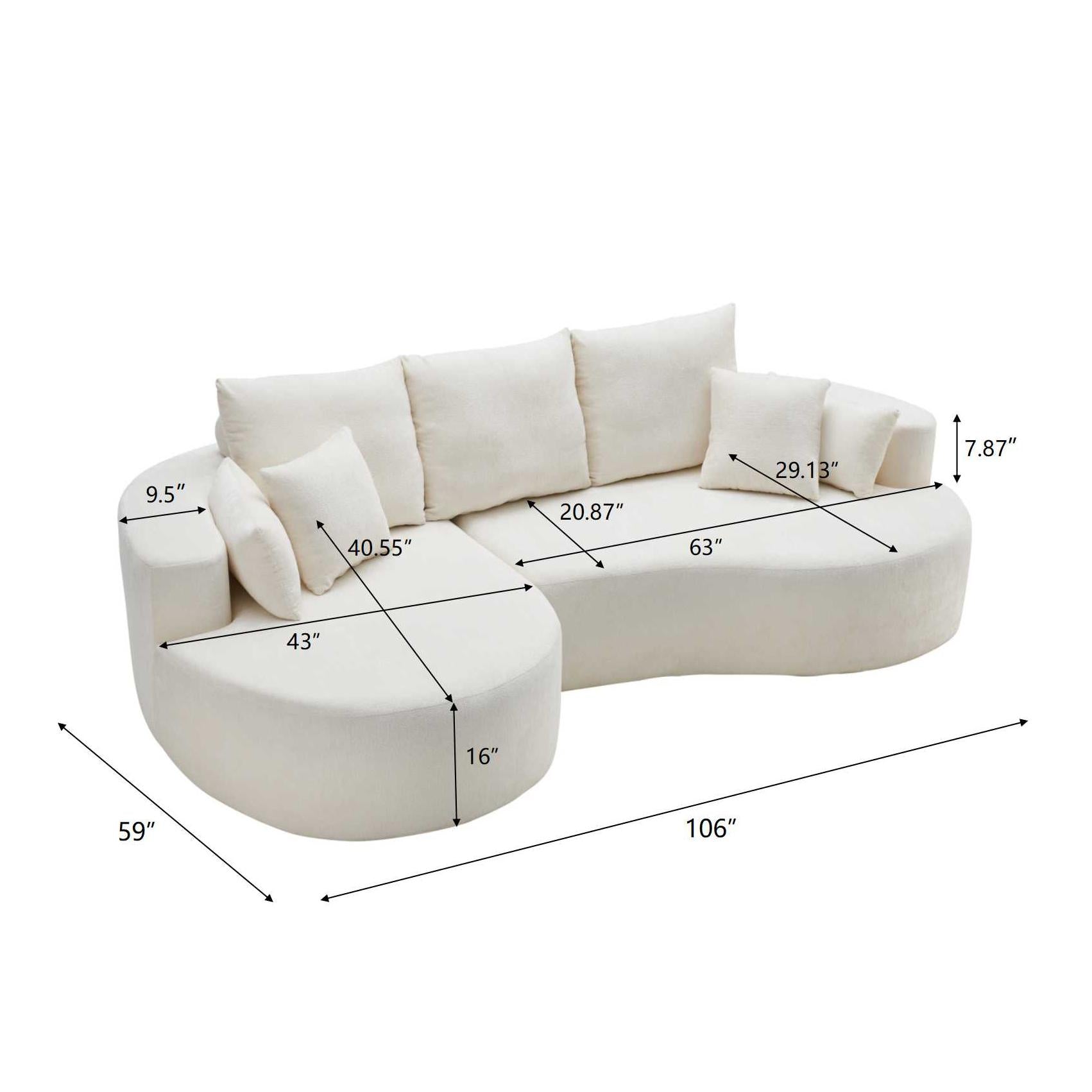 106 in. 2 - Piece Fabric Cloud Curved Sectional Chenille Sofa with Chaise For Living Room Bedroom Apartment -Snow White