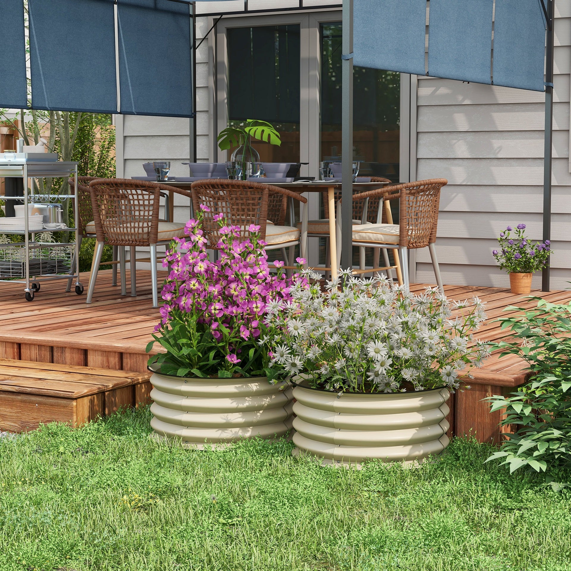Outsunny Galvanized Raised Garden Bed Set of 2, Planters for Outdoor Plants with Safety Edging, Easy-to-assemble Stock Tanks for Growing Flowers, Herbs and Vegetables, Cream White