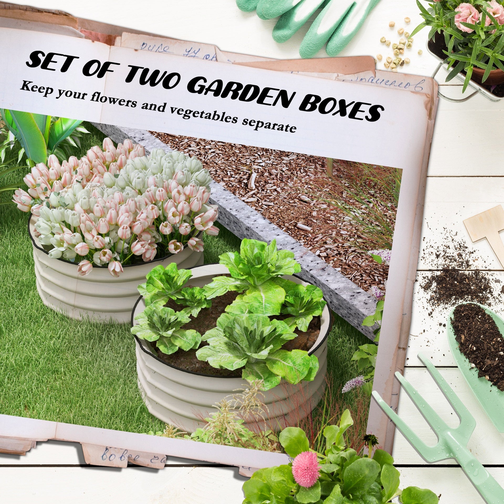 Outsunny Galvanized Raised Garden Bed Set of 2, Planters for Outdoor Plants with Safety Edging, Easy-to-assemble Stock Tanks for Growing Flowers, Herbs and Vegetables, Cream White