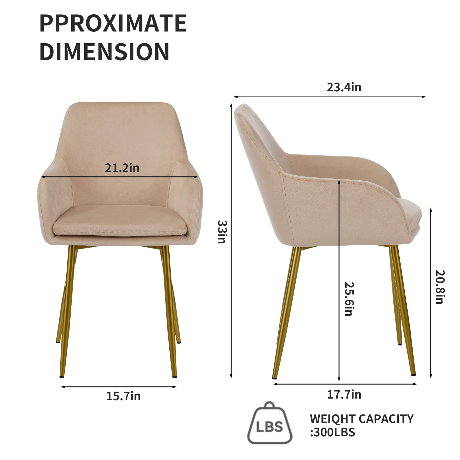 Velvet dining chair set, 2 pieces, dining chairs with gold metal legs, modern padded dining chairs suitable for dining rooms, kitchens, and vanity tables (Beige)