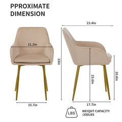 Velvet dining chair set, 2 pieces, dining chairs with gold metal legs, modern padded dining chairs suitable for dining rooms, kitchens, and vanity tables (Beige)