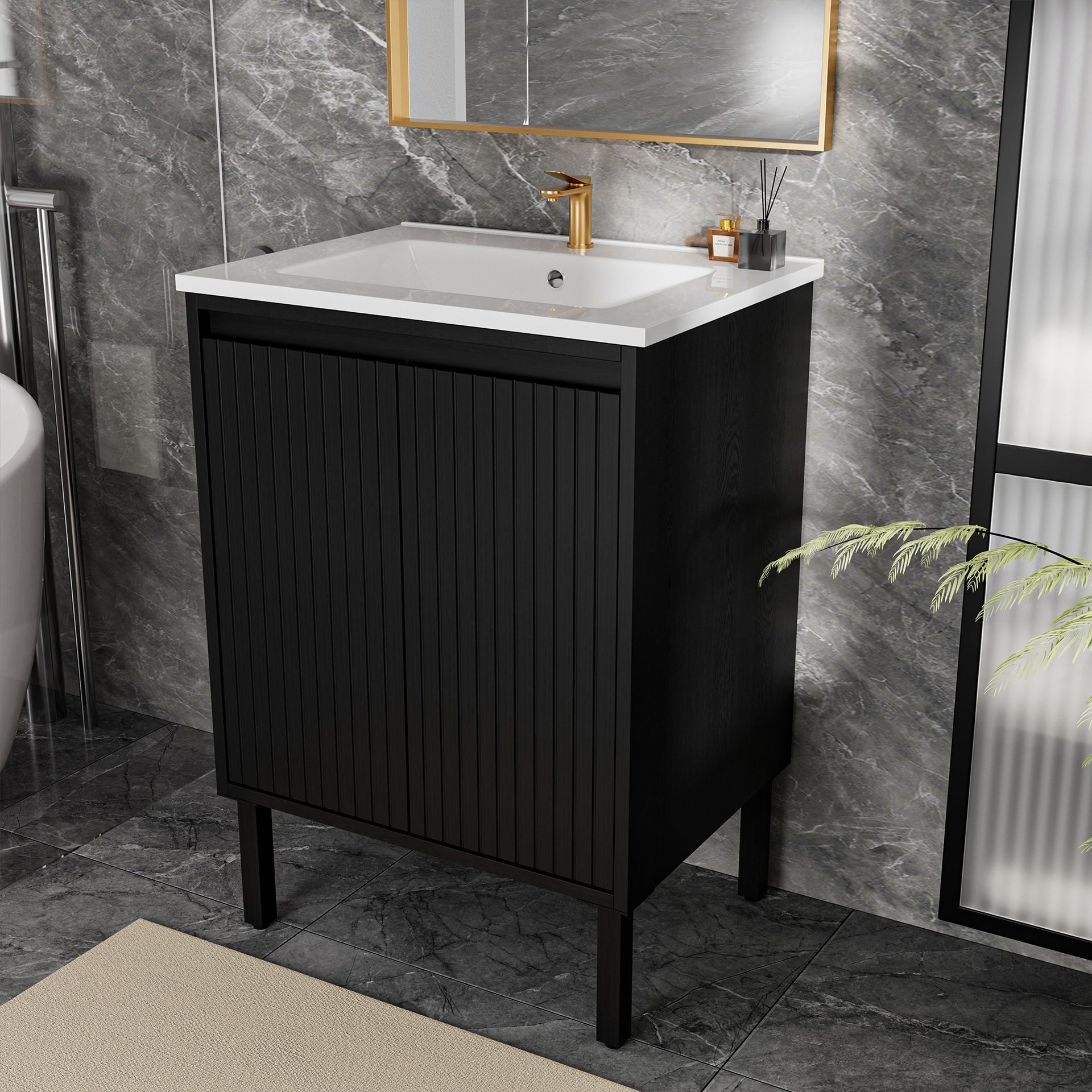 24 Inch Bathroom Vanity with Sink,  Floor - Standing Structure for Stability, Soft - Closing Drawers for Noiseless Operation, Sleek Oak Finish for Modern Aesthetic(White Sink)