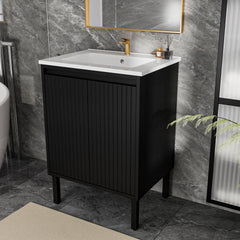24 Inch Bathroom Vanity with Sink,  Floor - Standing Structure for Stability, Soft - Closing Drawers for Noiseless Operation, Sleek Oak Finish for Modern Aesthetic(White Sink)